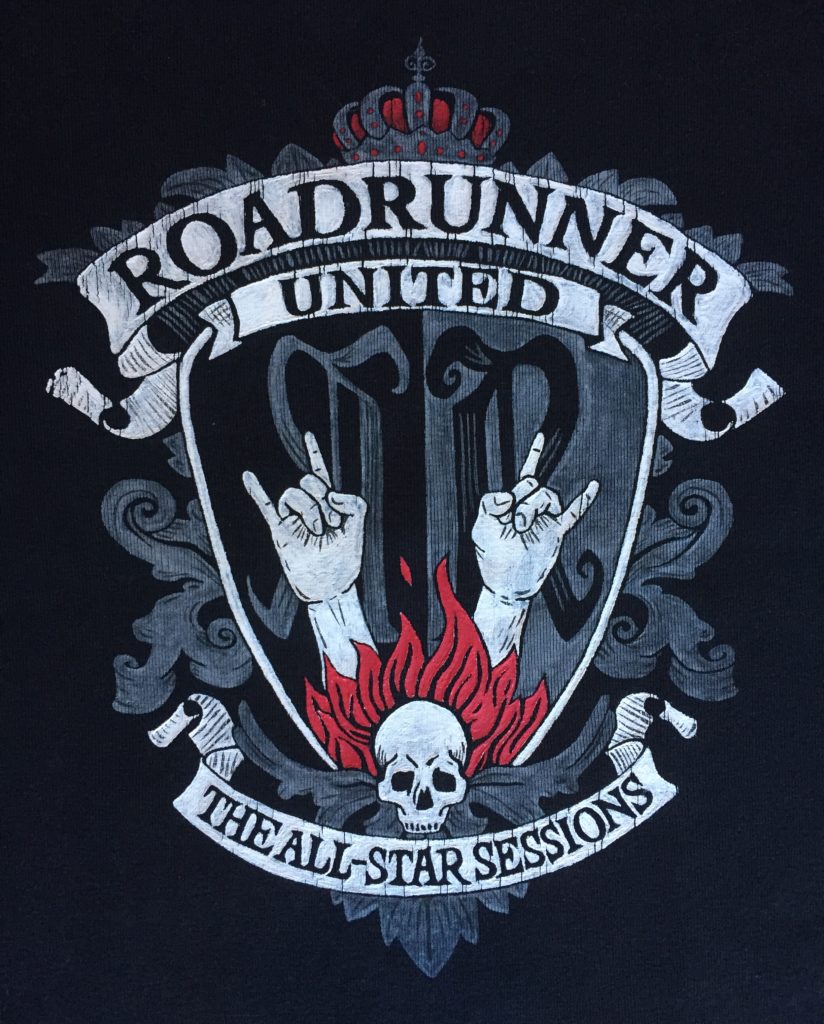 Roadrunner United Motiv auf einem bemalten T-Shirt, selbstbemalt mit Stoffmalfarben