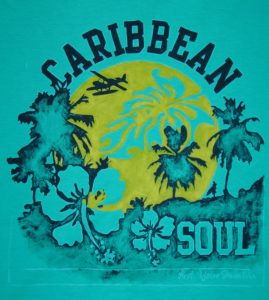 Karibisches Motiv, selbstgemalt auf ein grünes Shirt, lediglich gemalt mit schwarzer und gelber Textilfarbe